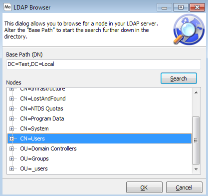 This image displays the LDAP Browser dialog with the Users Node selected.